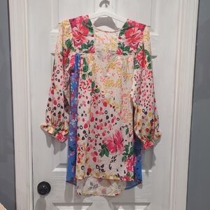 Umgee Floral Multicolor Blouse with Pink and Blue Accents